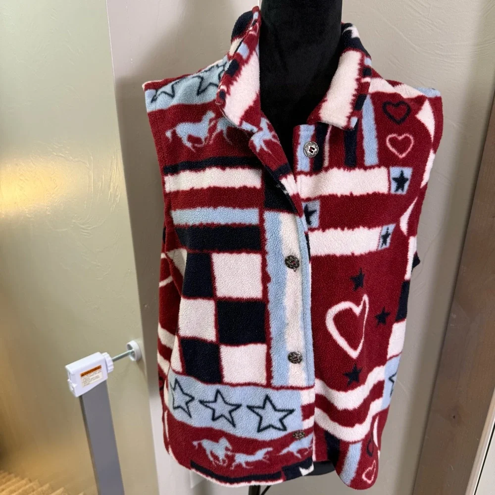 Christopher & Banks Americana Western Patriotic Fleece Vest‎ Button Down Red XL